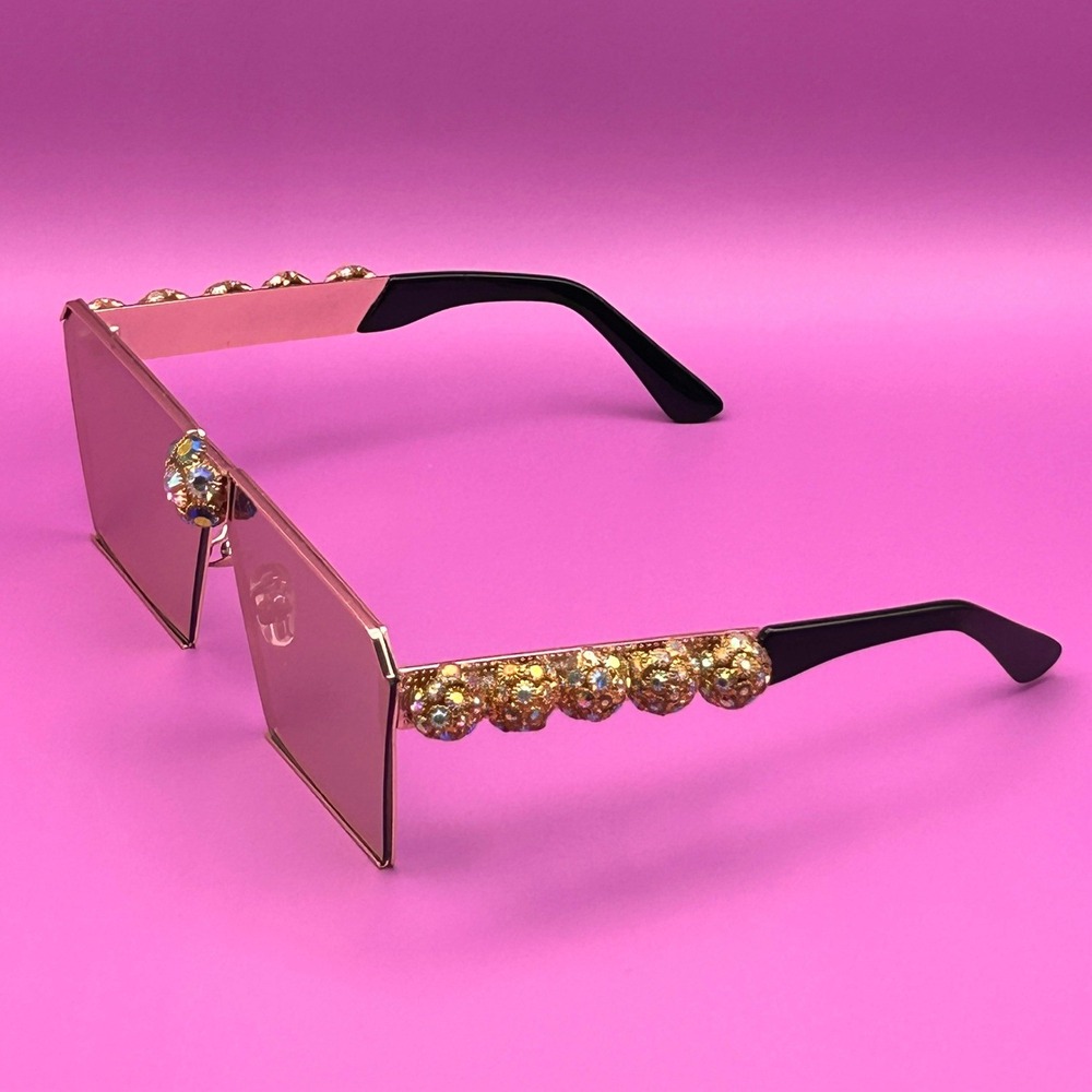 Oversized Pink Mirrored Square Sunglasses Gold Crystal Embellished Clusters